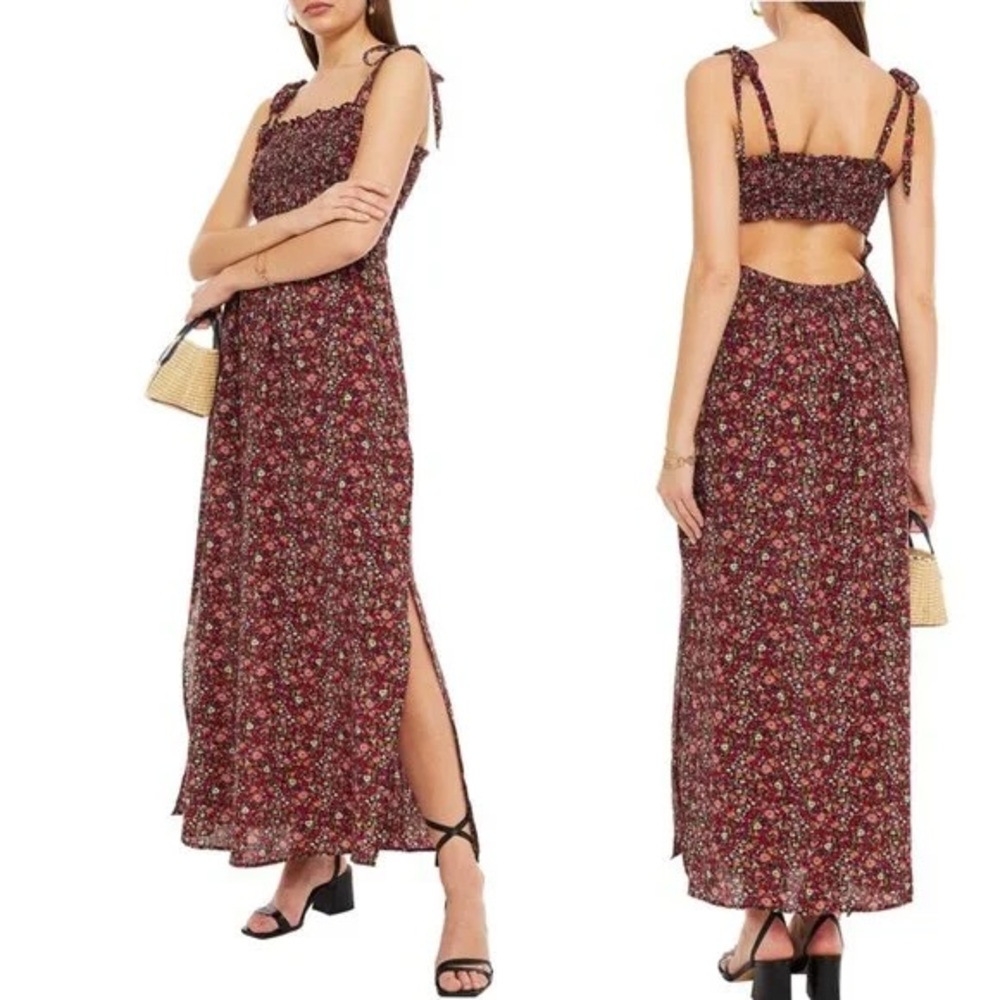 ba&sh Sophia Burgundy Floral Tie Strap Maxi Dress Boho Core Size S